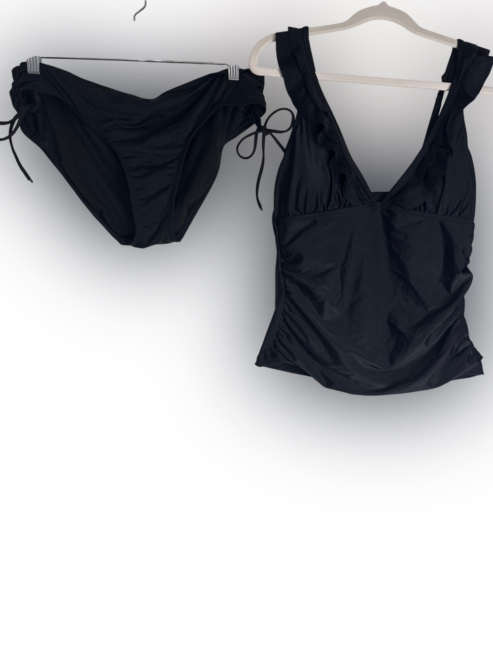 Black Two-Piece Swim Set - V-Neck Tankini & Tie-Side Bikini Bottoms, size L